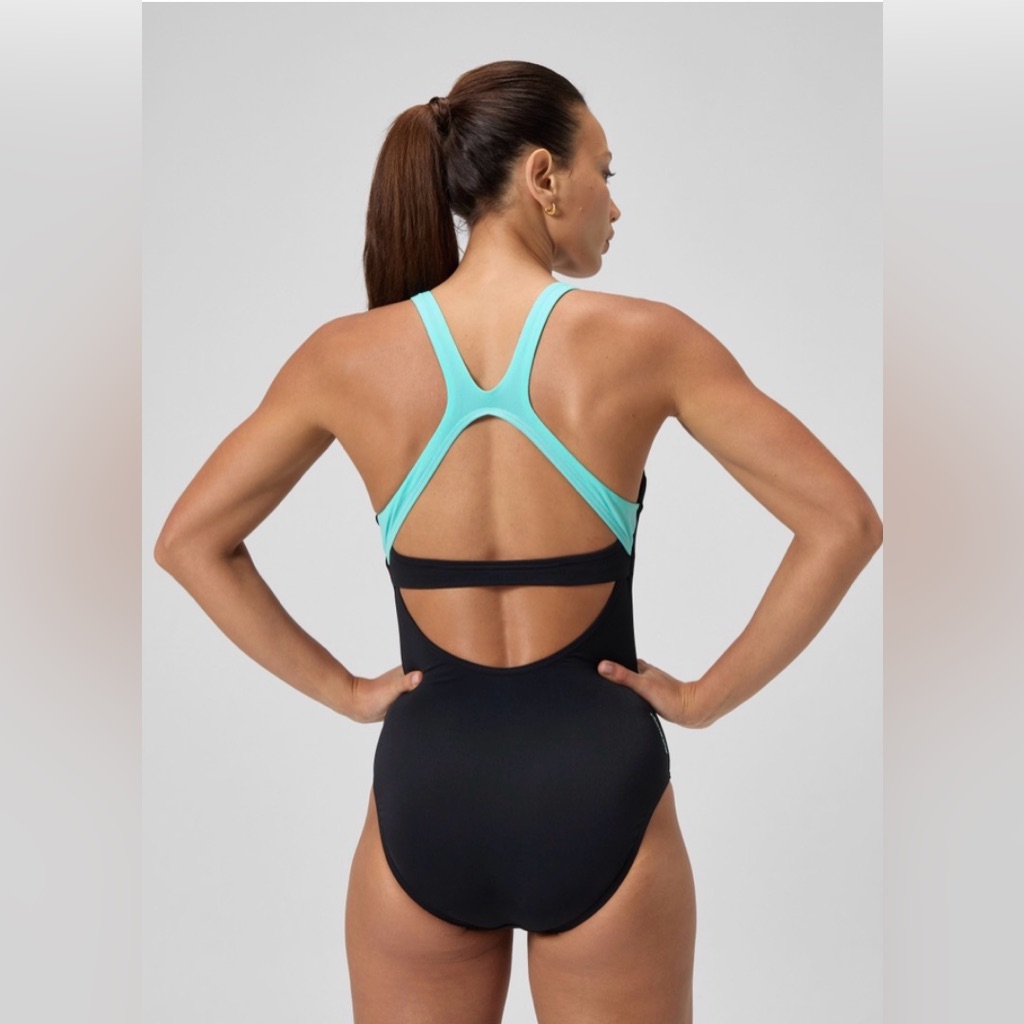Speedo Women’s Solid Flex Band One-Piece Swimsuit Black/Turquoise Size 10 New